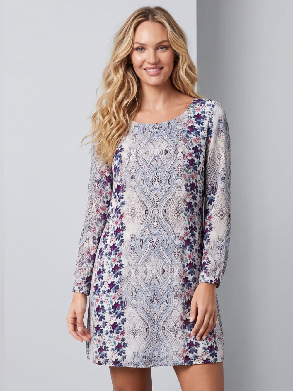 Speechless Floral Blue and Navy Long Sleeve Mini Dress - Size: S